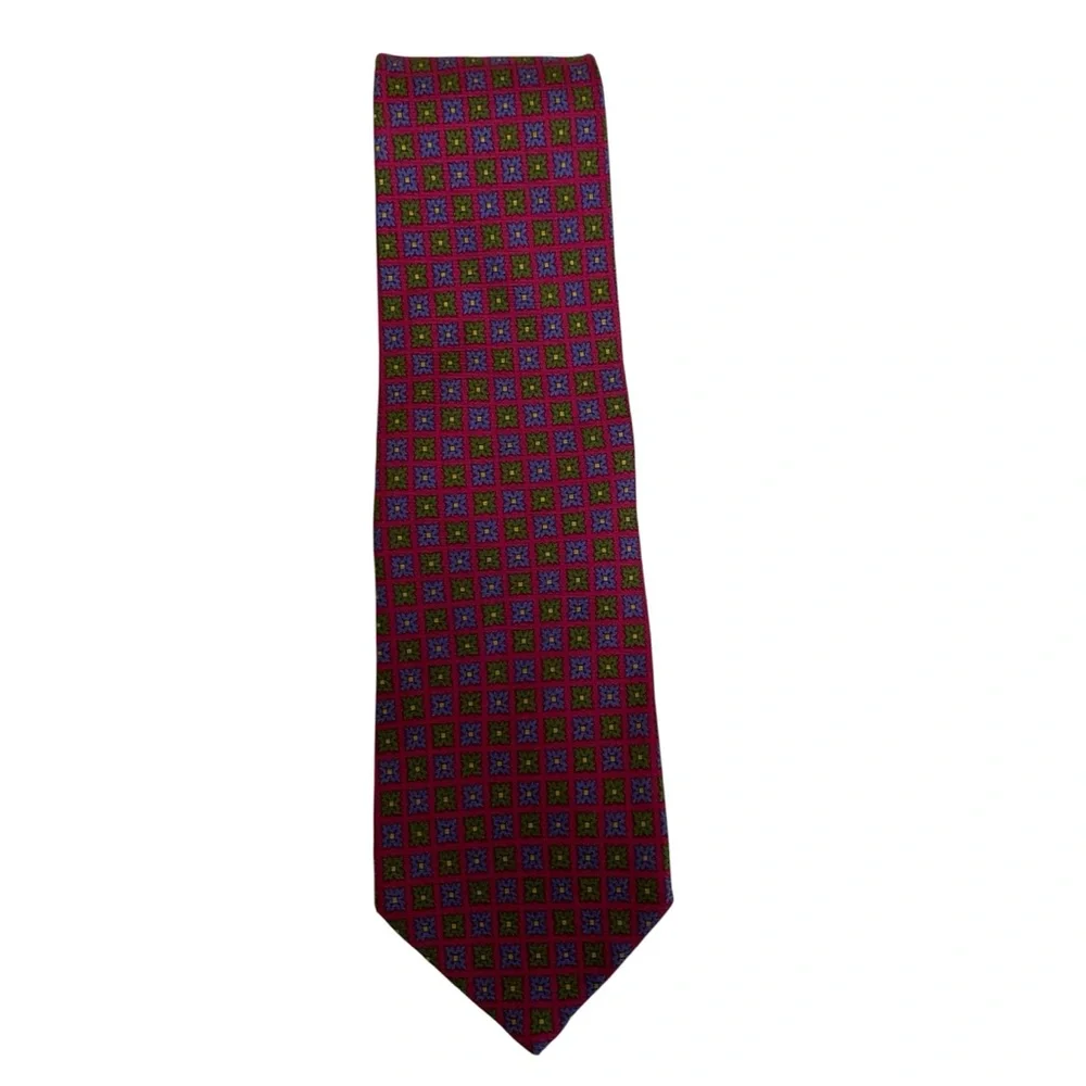 Brooks Brothers Vintage red all over floral print green blue silk dress tie
